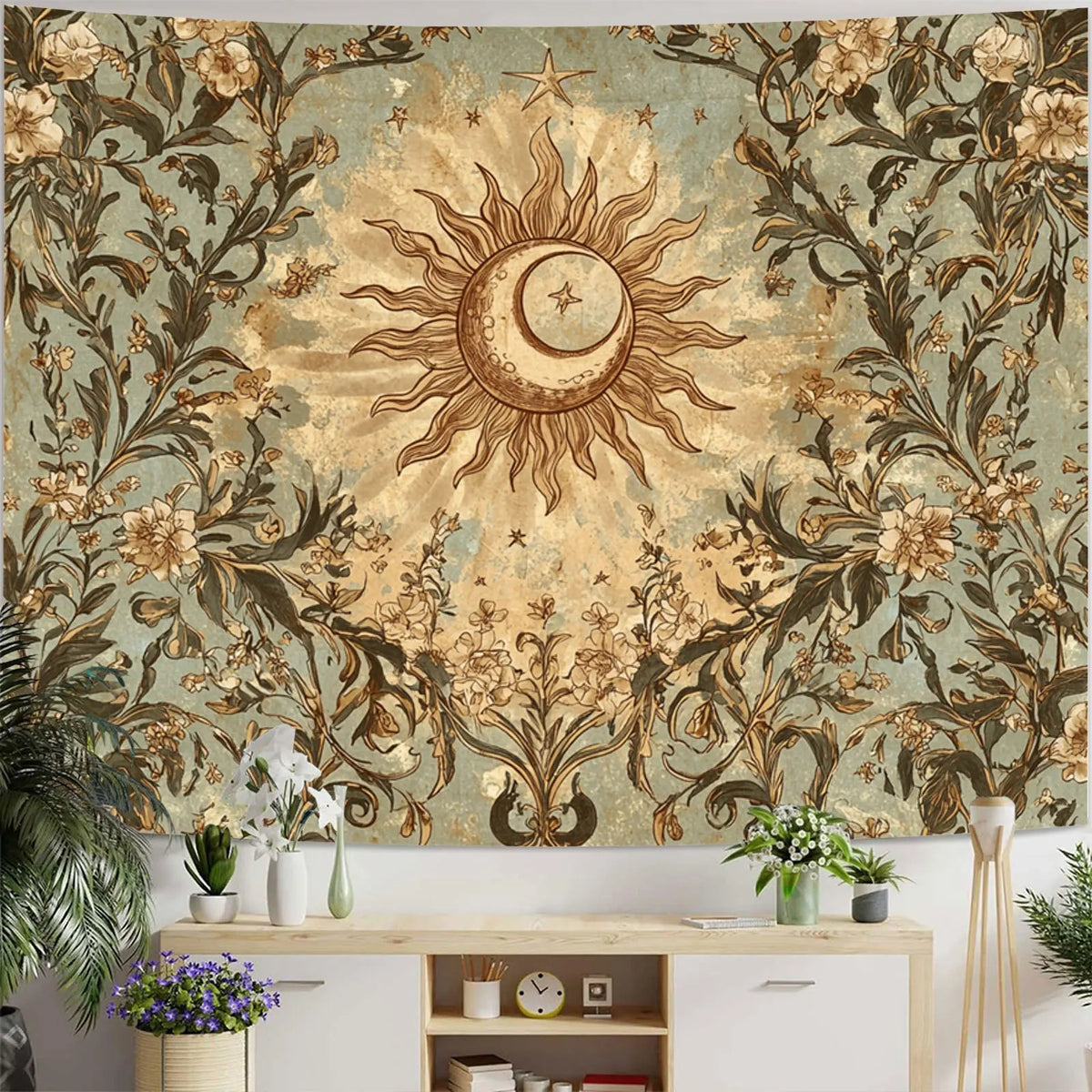 tapisserie murale vintage floral soleil lune vert beige marron romantique rectangle