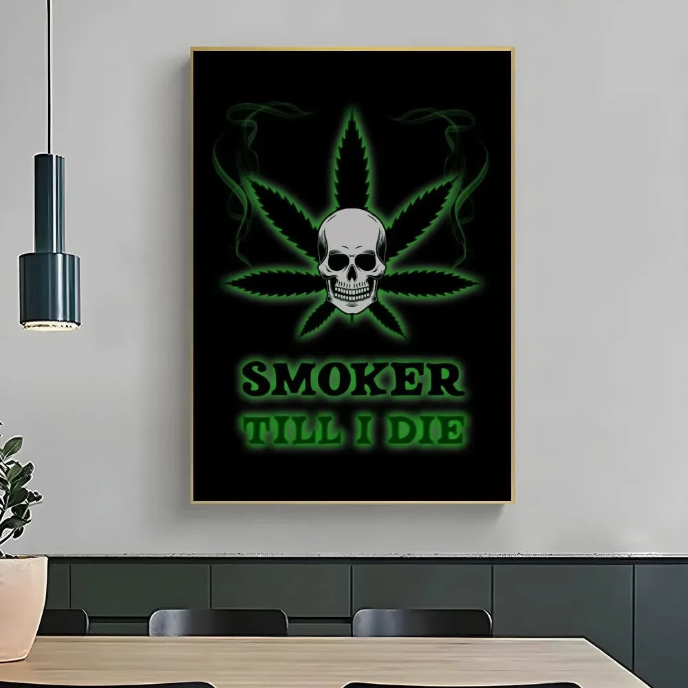 affiche graphique pop art crânes cannabis lettrage noir vert opaque sans cadre