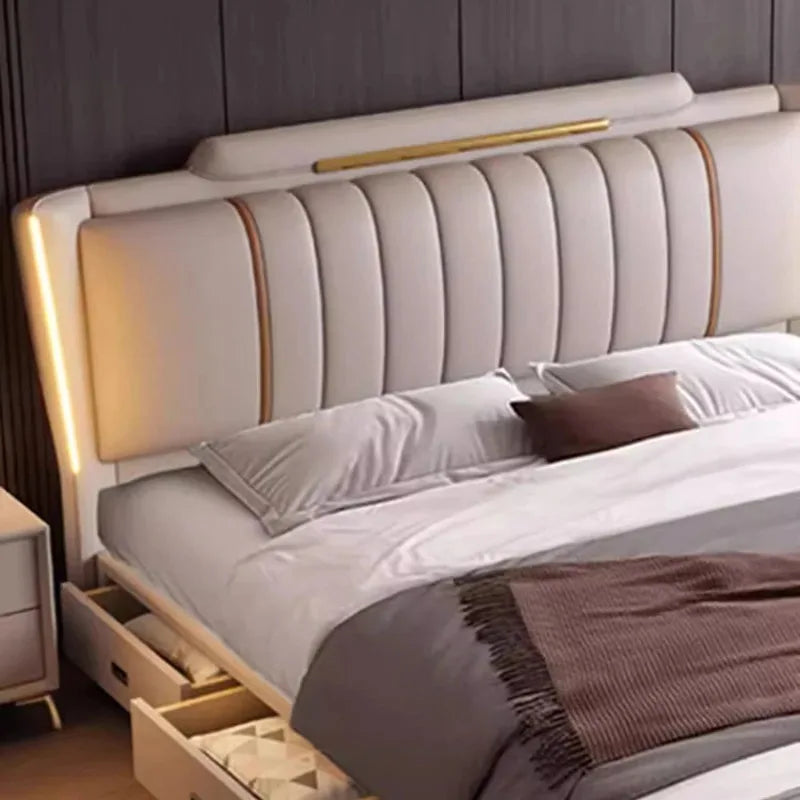 lit moderne bois simili cuir beige vertical doré intérieur 150cmextérieur 168cmhauteur 117cmlongueur 225cm