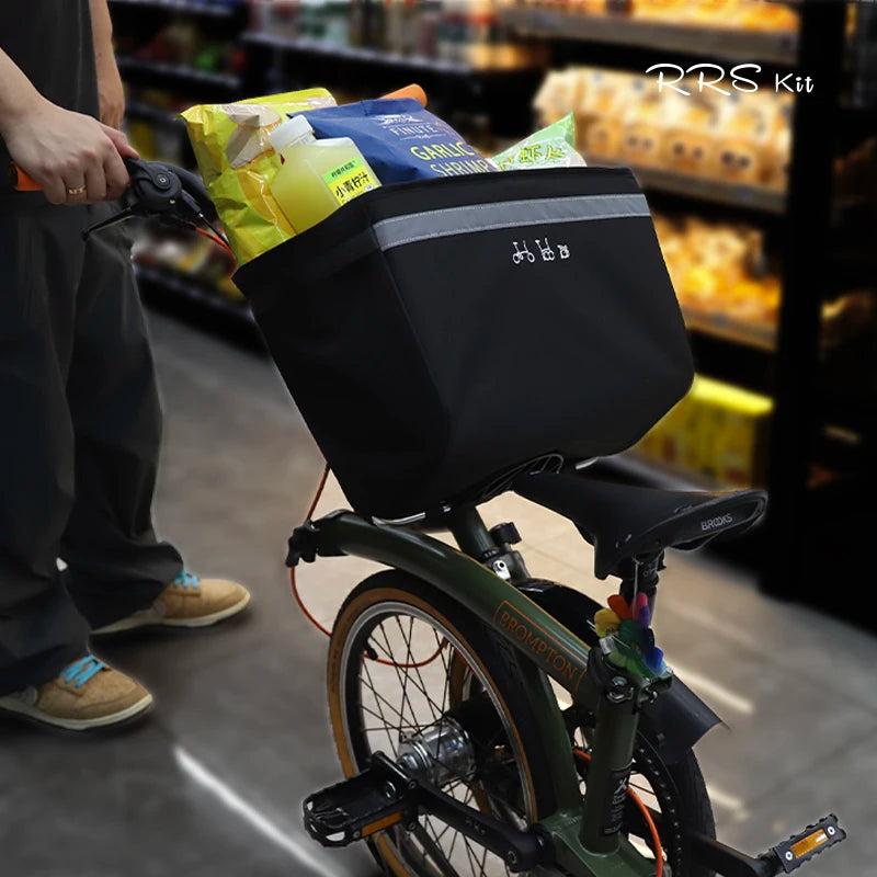 sac vélo brompton étanche noir panier avant utilitaire anse réfléchissante tissu mat nylon minimaliste