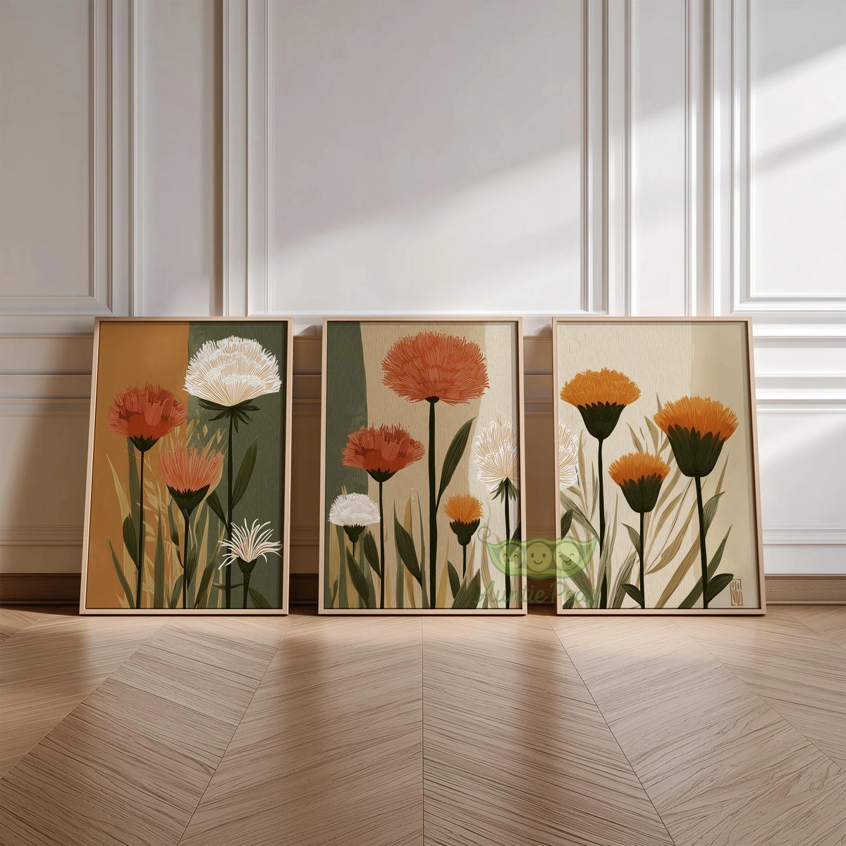 tableau moderne minimaliste fleurs stylisées feuilles verte beige blanc orange rouge vert clair