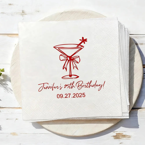 serviettes cocktail blanc rouge verre ruban fleur texte personnalisé élégantes événement festif