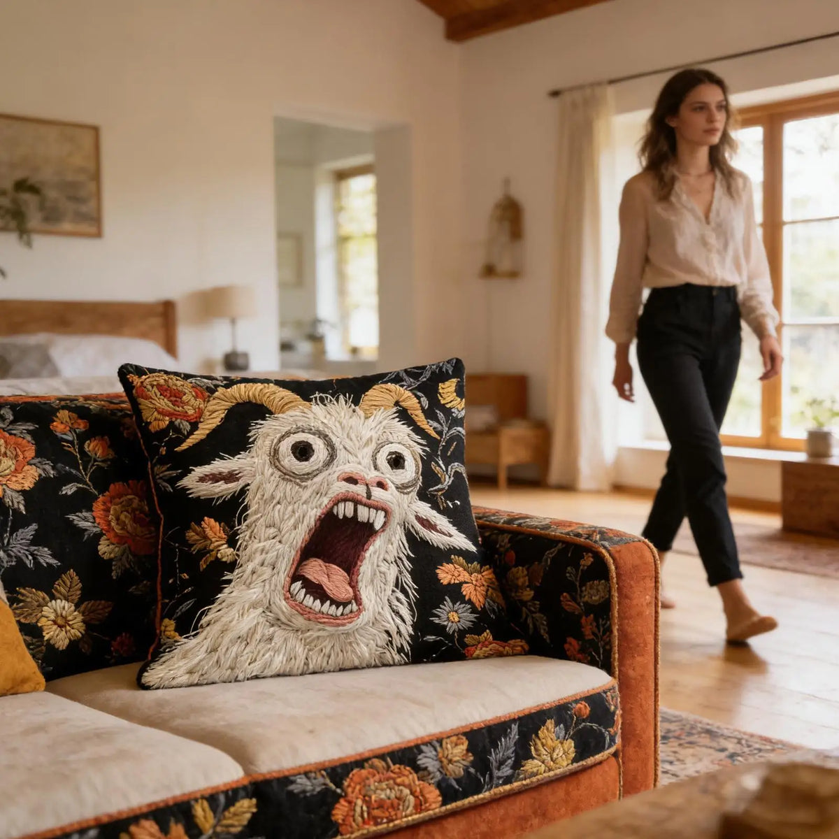 housse coussin forme chèvre hurlante noir motif animalier décoratif polyester peacheskin