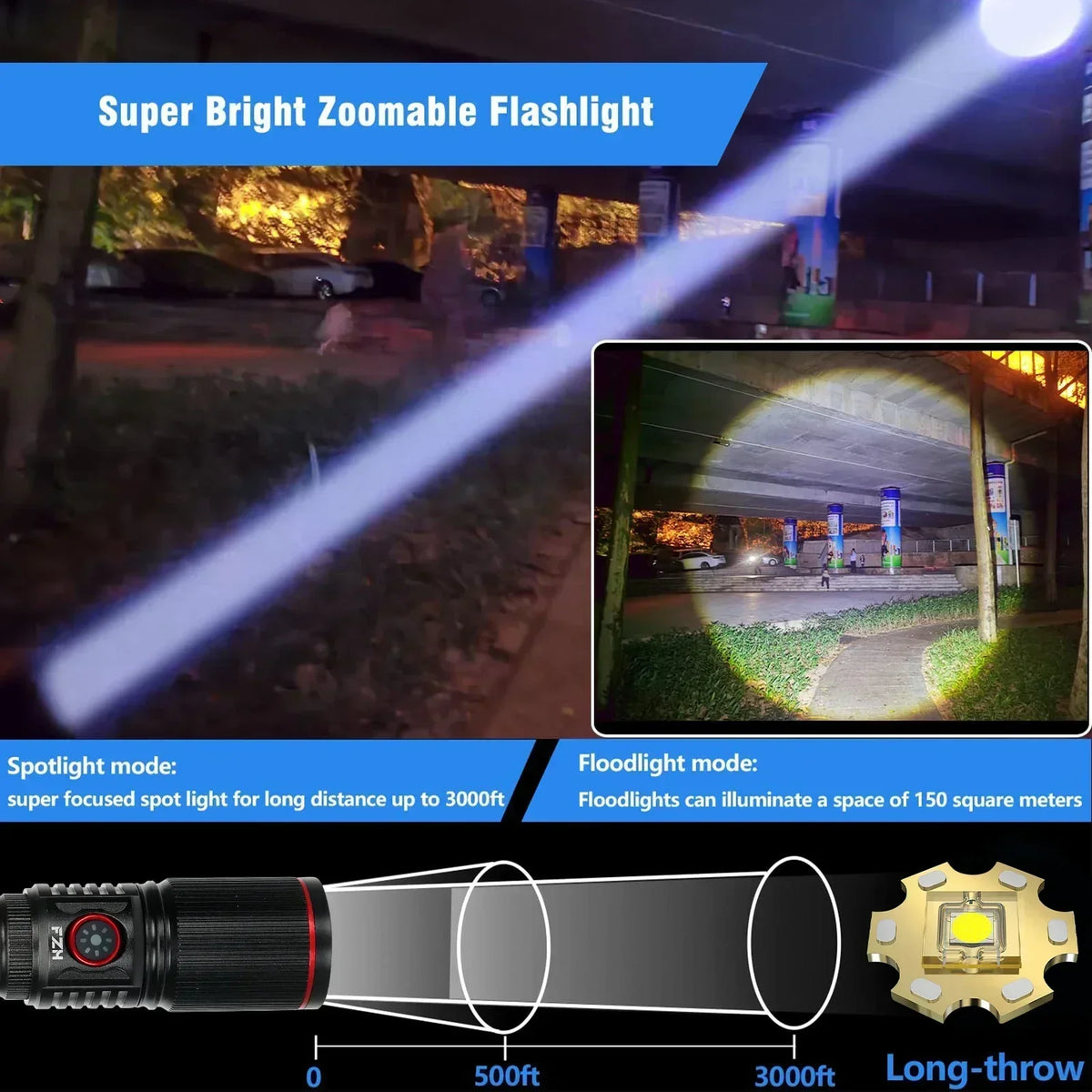 lampe torche led rechargeable 30w intense 500m rayures noire camping