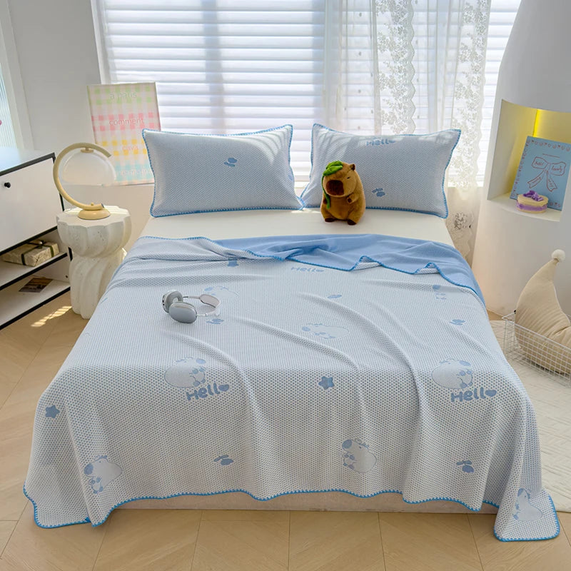 couverture été respirante polyester cooling fibers motif souris hello blanc bleu doux moderne oreillers