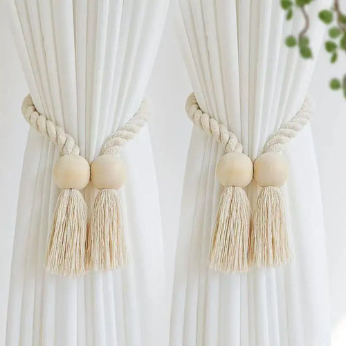 rideaux ruban beige tissé moderne bois pompons adhésifs salon chambre