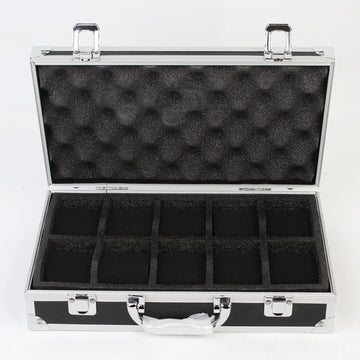 boîte montres moderne 12 slots aluminium noir mousse intérieure poignées métalliques