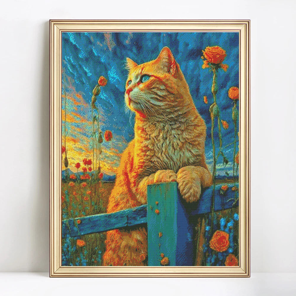 tableau broderie chat banc paysage fleurs coton 11CT 14CT orange bleu jaune vert rouge