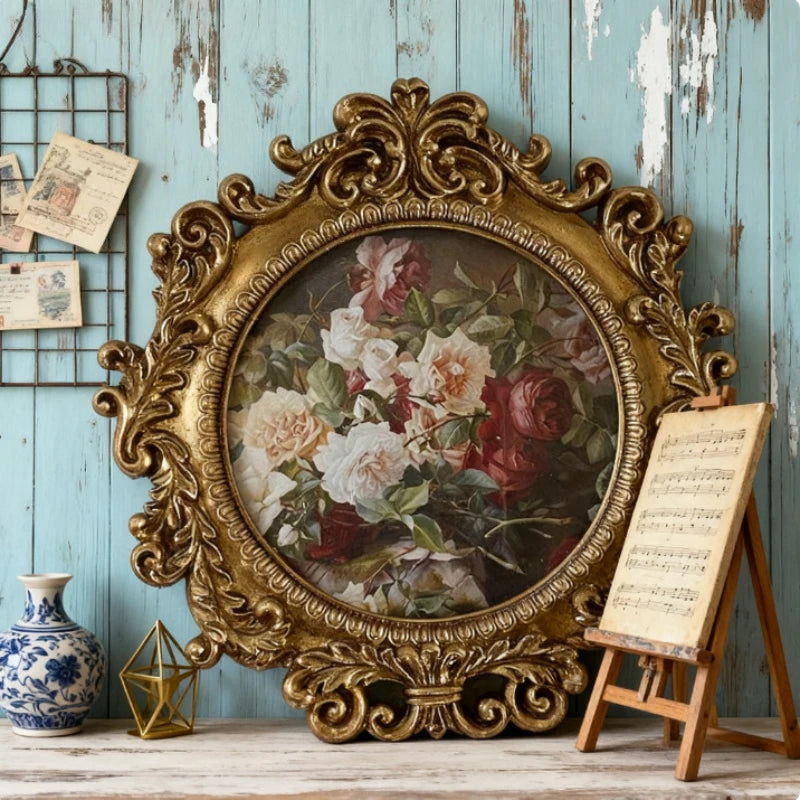 cadre photo ovale doré fleurs multicolores baroque texture ornée décoration murale vintage français