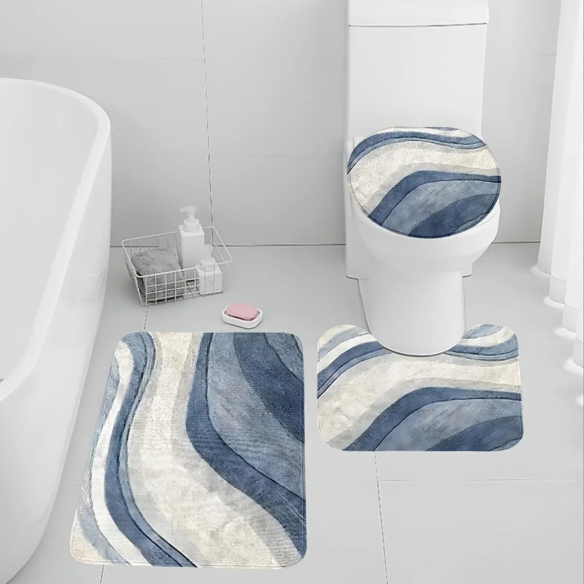 tapis bain ensemble moderne bleu gris beige abstrait antidérapant salle bain