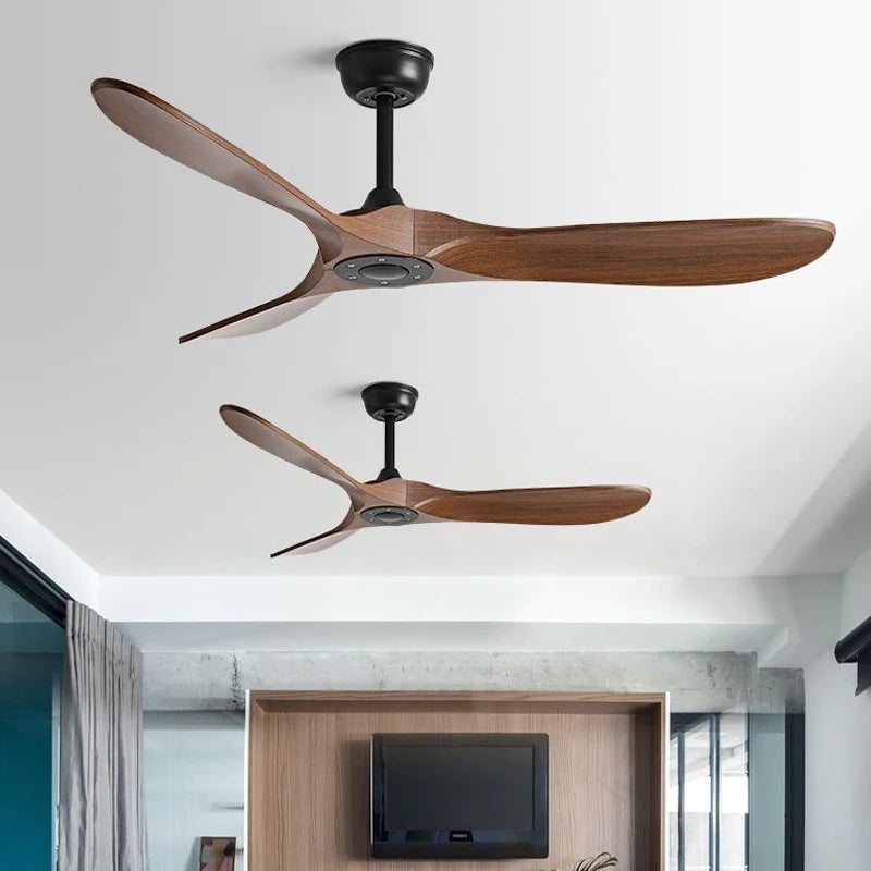 ventilateur moderne lames bois moteur dc vitesses télécommande led noir brunclair