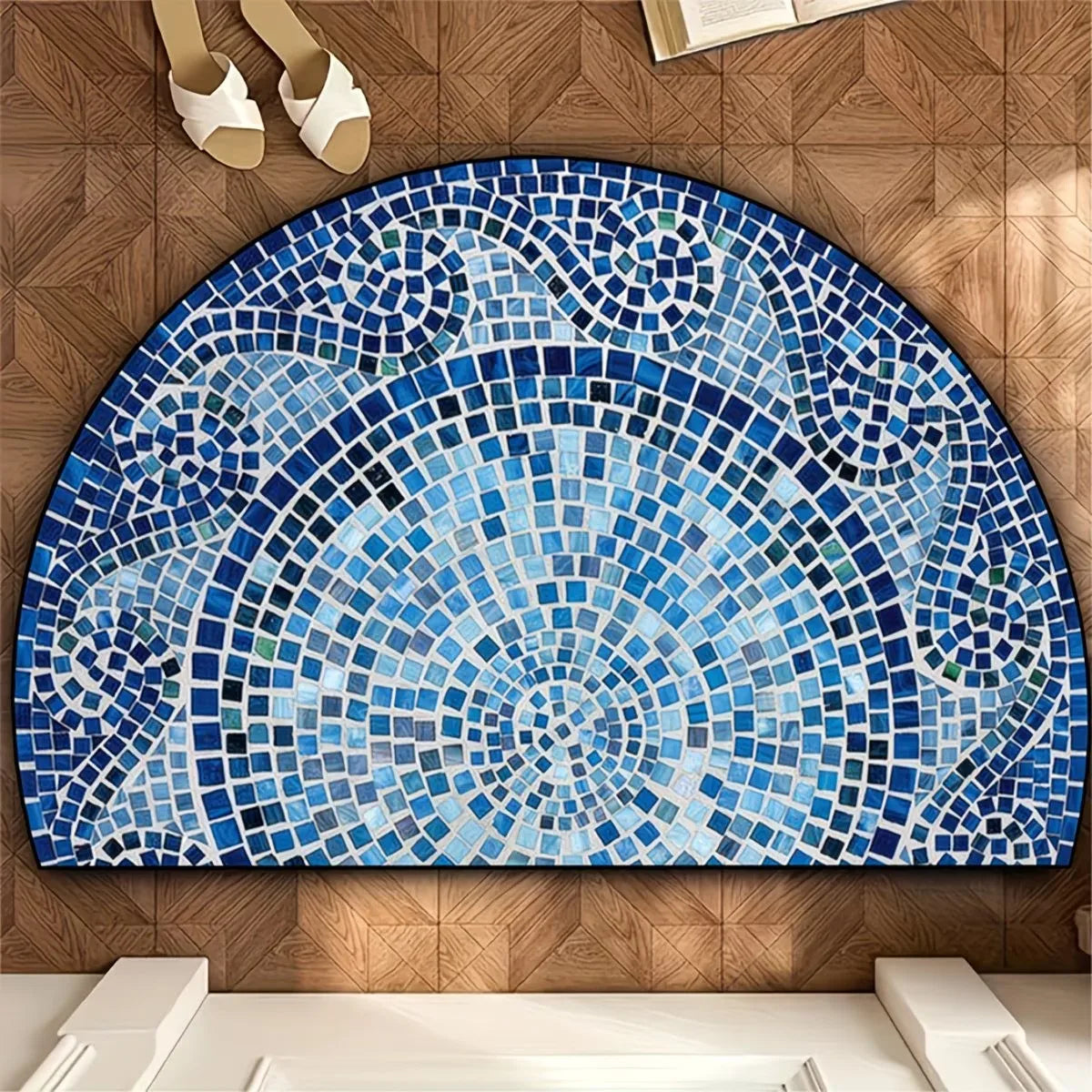 tapis demi cercle mosaïque bleu blanc moderne antidérapant intérieur extérieur 40x60cm