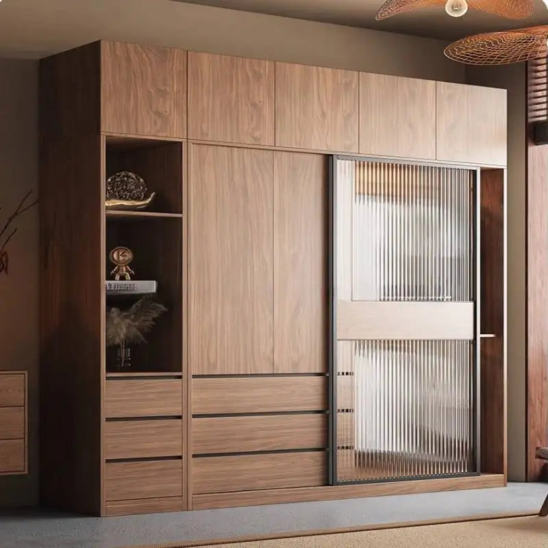 armoire portes coulissantes moderne bois naturel noir étagères tiroirs minimaliste chambre coucher