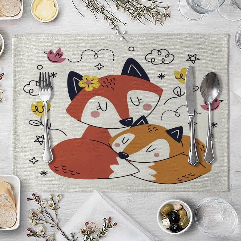 tapis table rectangulaire lin beige motif renard ours fleurs enfant cuisine