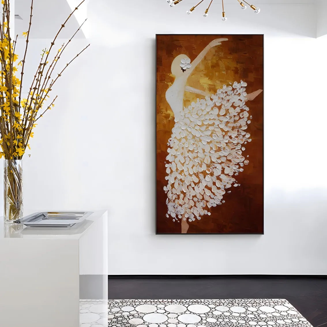 peinture abstraite danseuse contemporaine toile lin cadre doré salon décoration maison blanc marron