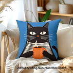 coussin carré imprimé chat noir tasse rayures horizontales bleu rose jaune gris vert polyester