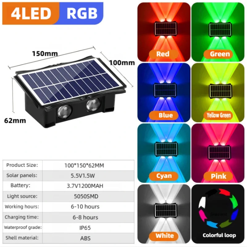 éclairage solaire mural led rgb décoration extérieure moderne noir jaune rouge vert bleu violet