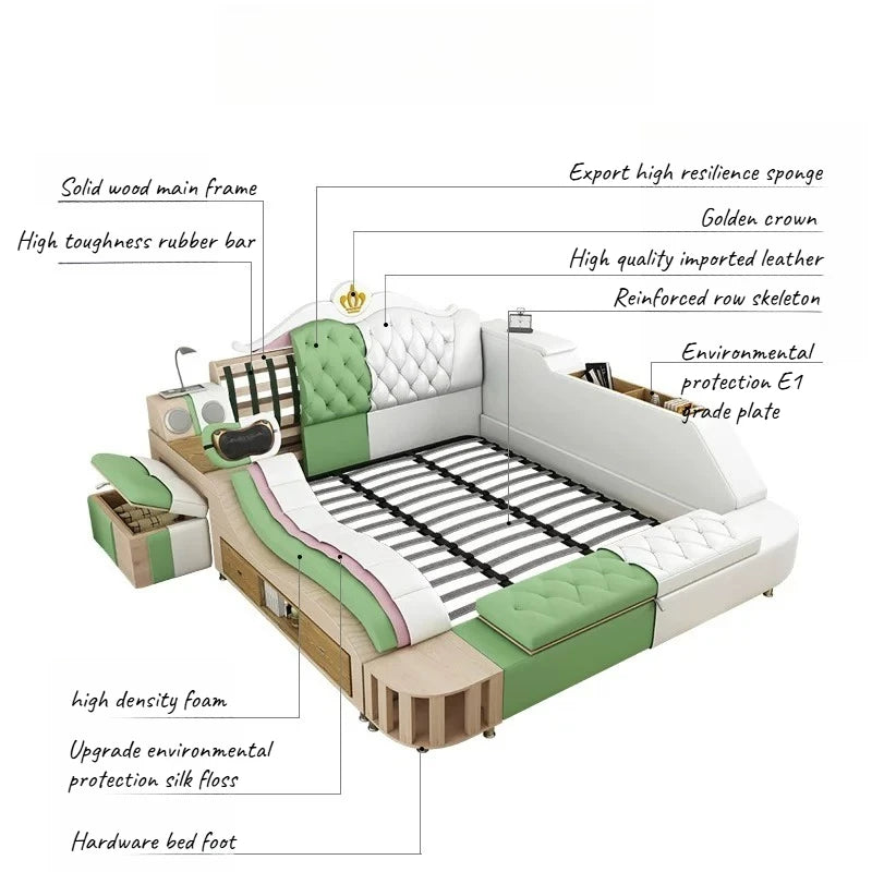 lit multifonctionnel moderne blanc gris oreillers coussins simili cuir rangement sous lit tablette intégrée