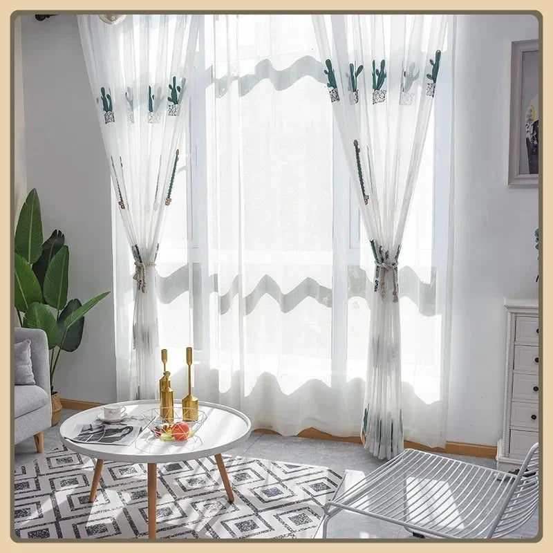 rideau moderne blanc vert motif cactus brodé salon chambre salon maison décoration intérieur