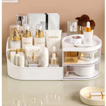 organisateur maquillage transparent moderne blanc rangement cosmétique tiroirs flacons brosse étiquettes