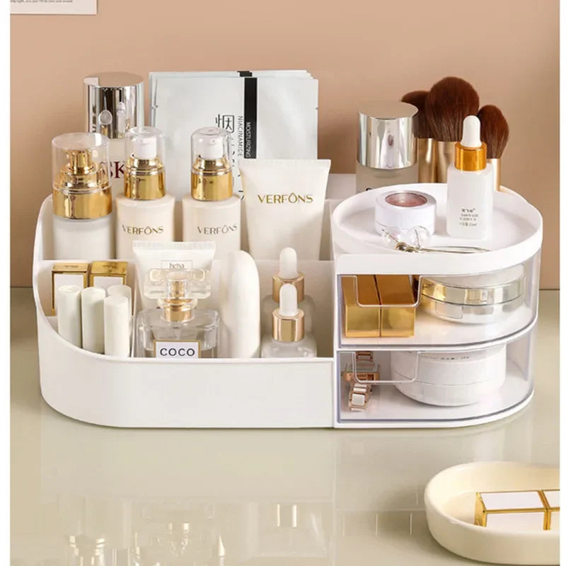 organisateur maquillage transparent moderne blanc rangement cosmétique tiroirs flacons brosse étiquettes
