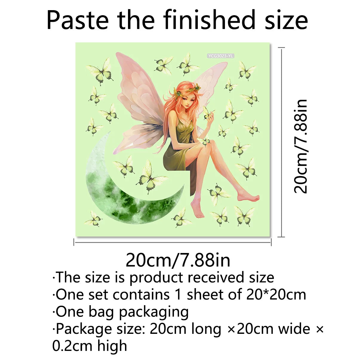 sticker mural fée papillons lune vert rose blanc dessin animé chambre enfants fluorescent