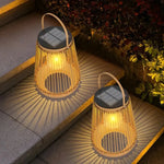 lampe suspendue solaire bambou tressé artisanale extérieure jardin impermeable antirouille anneaux métalliques