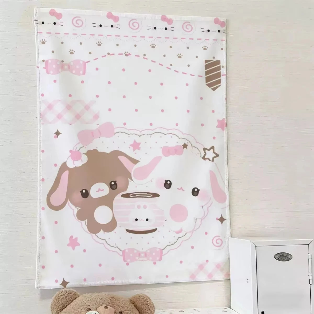 rideau kawaii enfant chien lapin rose blanc motifs étoiles points mignon décoratif chambre pastel