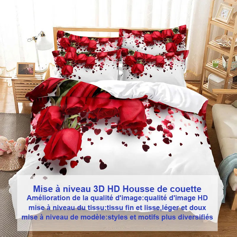Détail du motif 3D fleur sur housse de couette en polyester