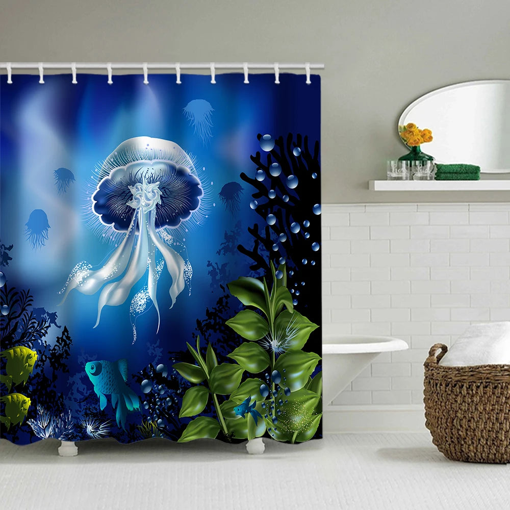 rideau douche motif marine tapis bain couvercle toilette poissons coraux