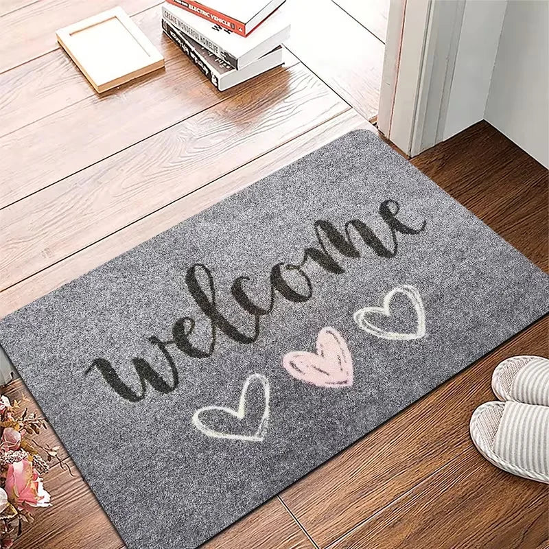 tapis d'entrée moderne gris lettres welcome antidérapant coeurs velours salon chambre