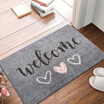 tapis d'entrée moderne gris lettres welcome antidérapant coeurs velours salon chambre
