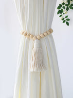 rideau polonais boho blanc rayures jaunes bois pompons adhésif coton moderne