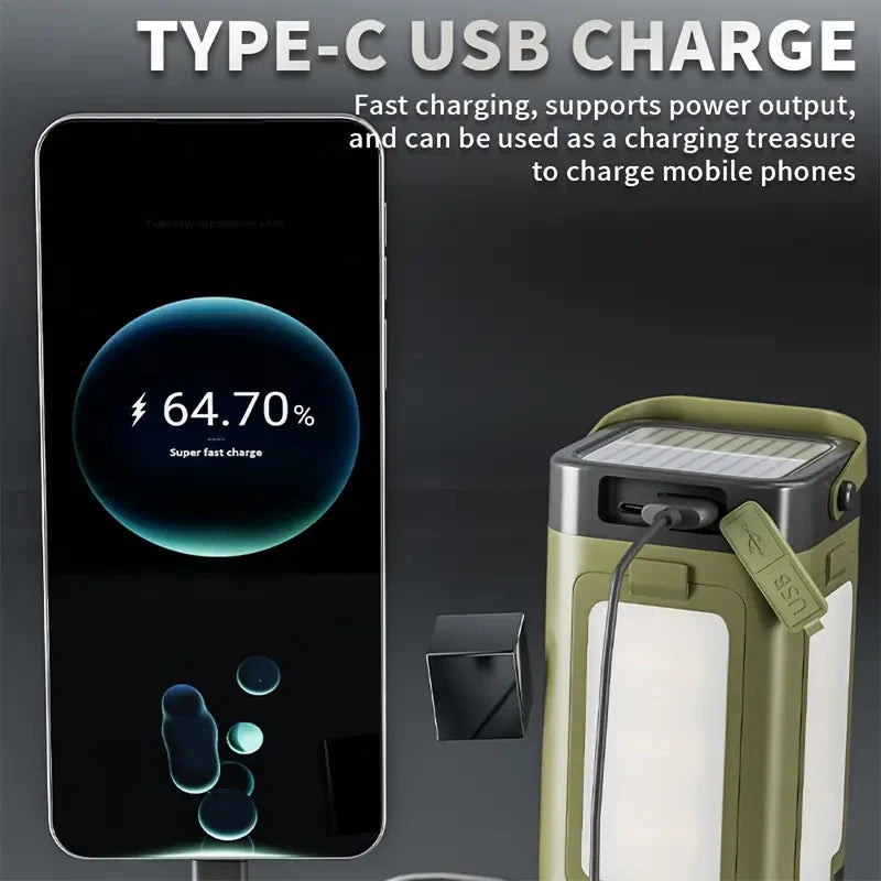 lampe solaire multifonctionnelle vert olive rechargeable camping affichage numérique usb type