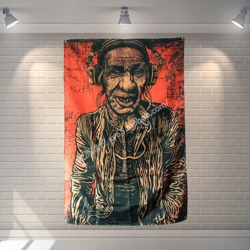 tapisserie murale portrait homme âge casque audio graphique rouge noir résistant intérieur