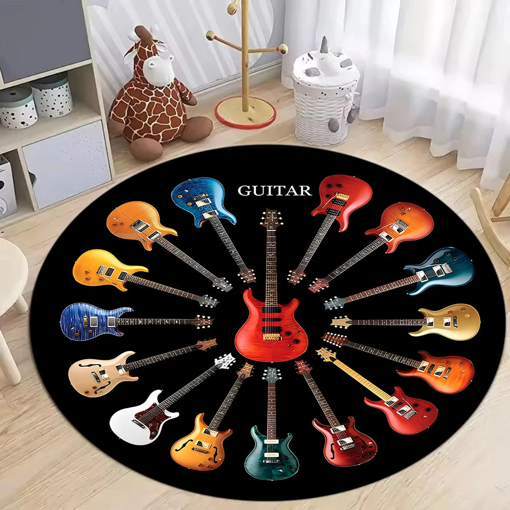 tapis rond guitares multicolores moderne salon chambre décoration extérieur salle bain noir