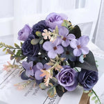 bouquet fleurs artificielles violet rose pêche blanc vert feuilles vertes vase transparent décoration intérieure