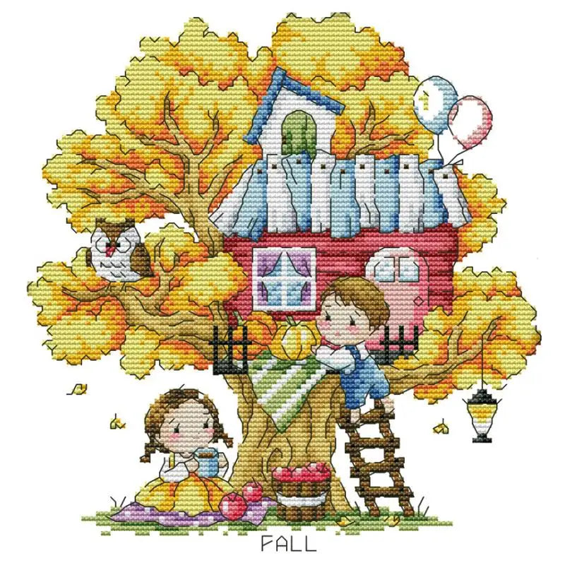 toile broderie maison arbre personnages décorations saisonnières oiseaux papillons champignons balançoire hamac noël guirlandes
