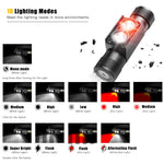 lampe frontale led rechargeable usb type 18650 batterie bandeau réfléchissant mode rouge blanc camping
