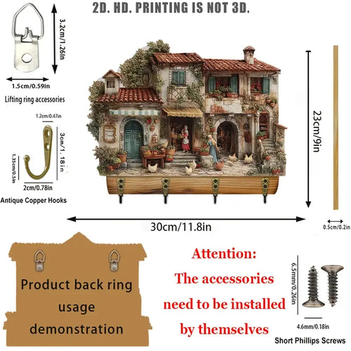 porte clés mural bois rural illustration maison poules décoratif clés bouteille ouverture vis fixations