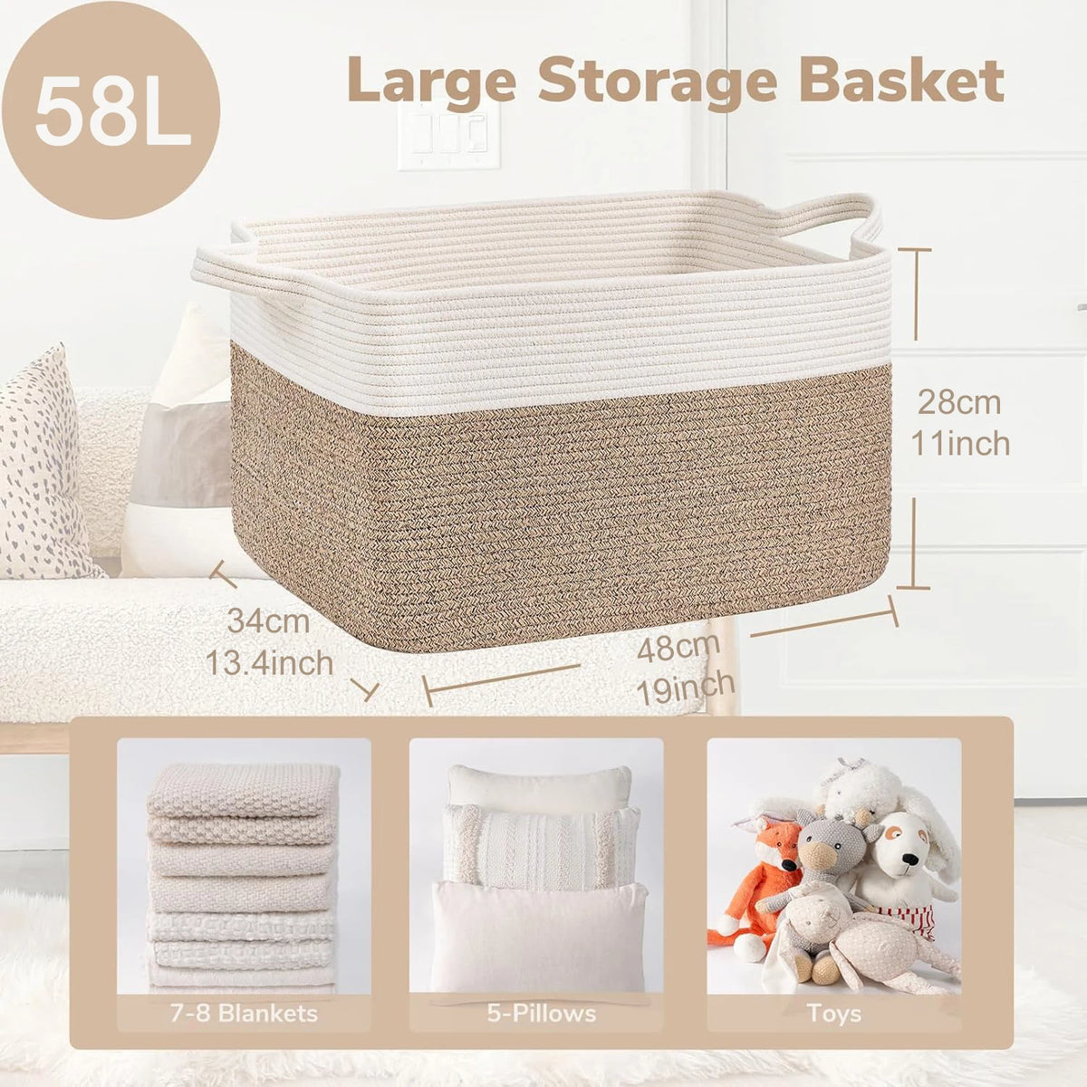 panier rangement tissé polyester pliable beige blanc rayures horizontales moderne rustique