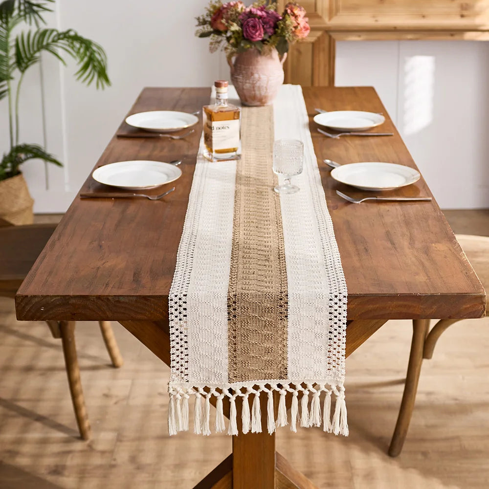 chemin table bohème crocheté géométrique beige rustique tassel intérieur extérieur printemps été