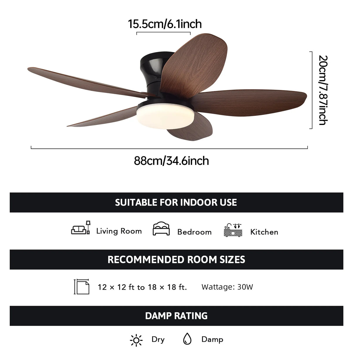 ventilateur moderne pales noir bois télécommande led lisse opacité chambre salon