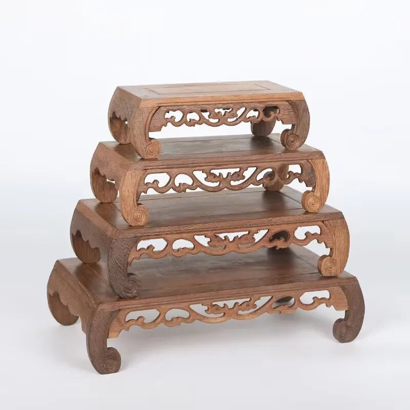 support bonsaï bois naturel grain classique vintage stand pot fleur marron foncé sculpté main