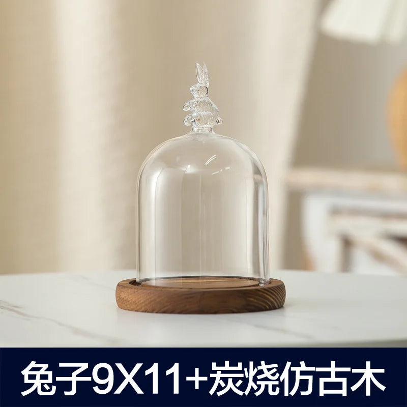 cloche verre transparent base bois bougie parfumée pinçon décoratives