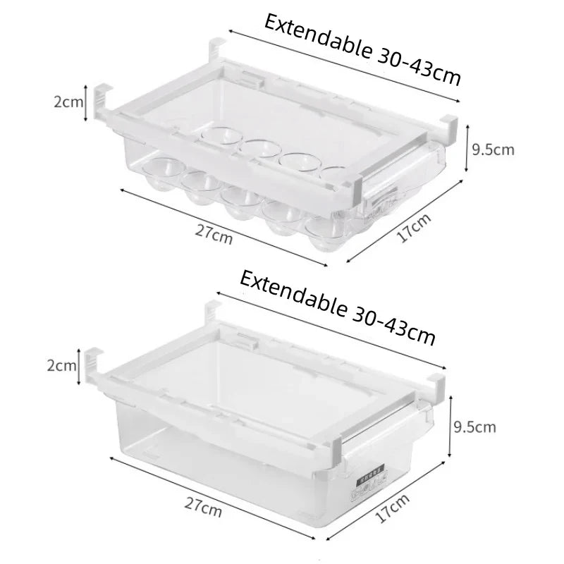 organiseur rangement réfrigérateur transparent clips magnétiques compartiments œufs fruits légumes moderne pratique
