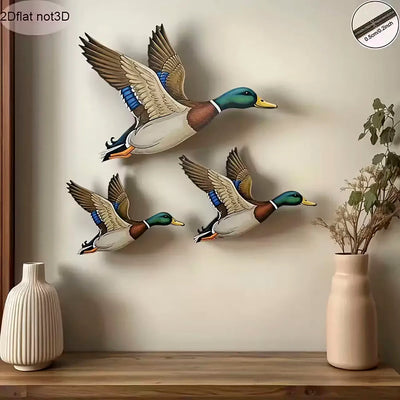 décoration murale canards vol bois métal naturel adhésif inclusion trois pièces réaliste vert marron