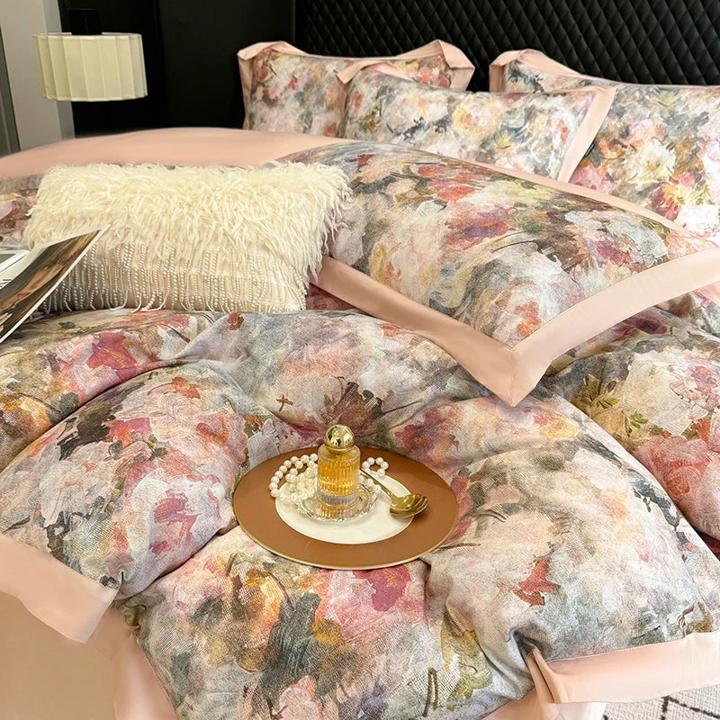 ensemble literie floral moderne 100 coton égyptien rose clair beige gris vert full king