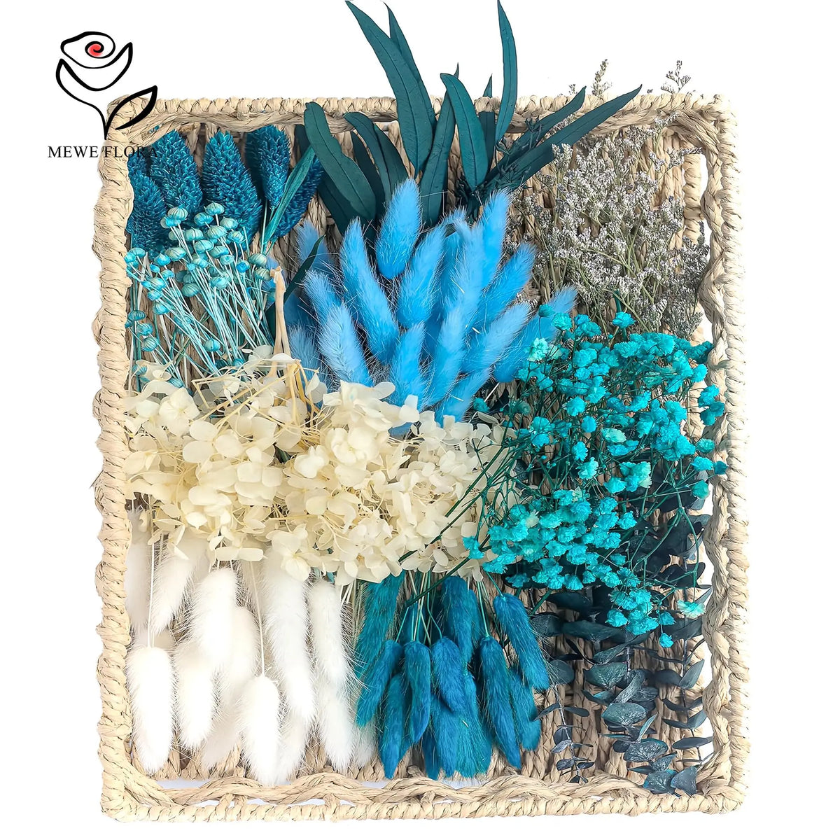 bouquet fleurs séchées bleu blanc vert plumes eucalyptus décoration maison anniversaire mariage