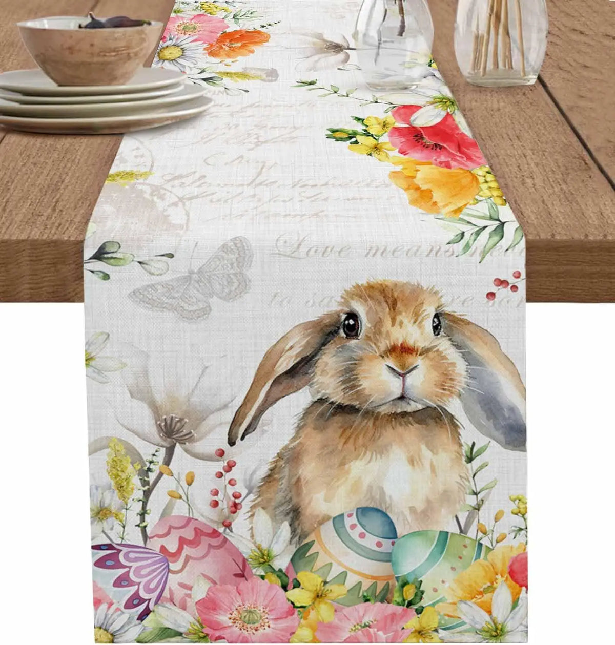 Un charmant lapin posé sur un chemin fleuri, entouré de papillons et de magnifiques fleurs colorées.